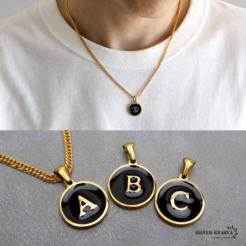 (S、50cm) イニシャルネックレス ゴールド ブラック ラウンド ステンレス 18KGP ダブル喜平 金属アレルギー対応拍卖
