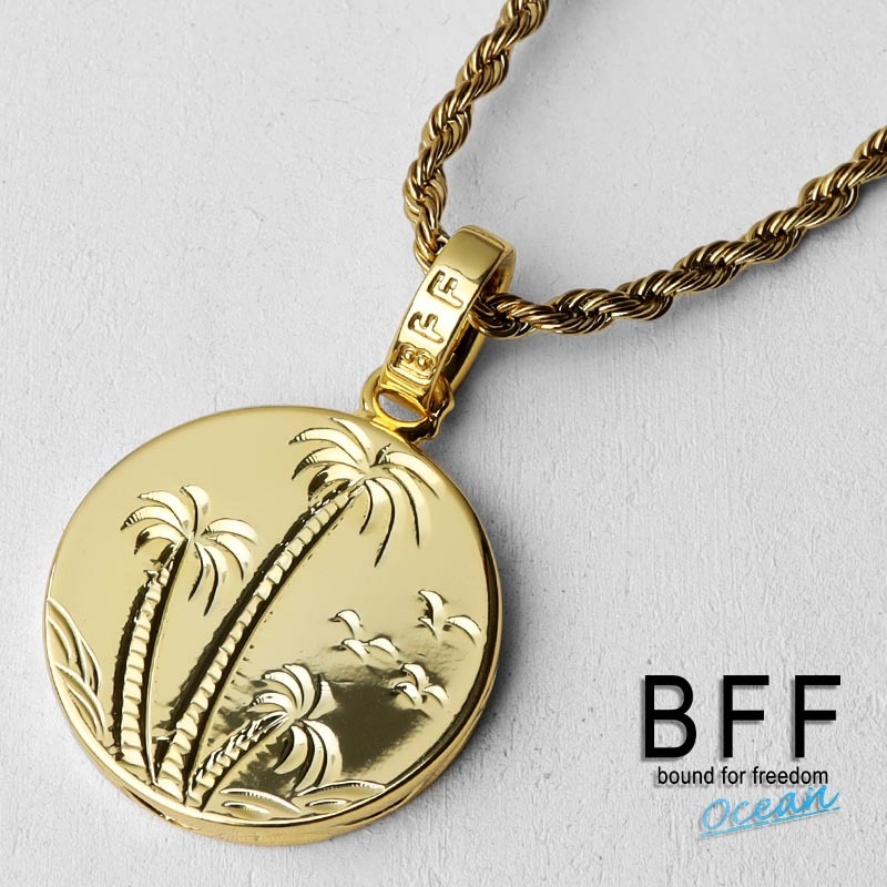 (50cm) BFF ブランド コインネックレス ゴールド 18金 K18 GP 金色 ヤシの木 ペア 手彫り 専用BOX付属拍卖