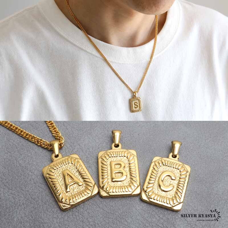 (D、60cm) イニシャルネックレス ゴールド 立体的 スクエア ステンレス 18KGP ダブル喜平 金属アレルギー対応拍卖