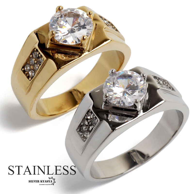 (シルバー、26号) ステンレス 印台リング 一粒リング 18K GP gold シルバー パヴェ 金属アレルギー対応拍卖