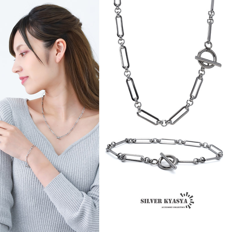 (50cm、17cm) ネックレス ブレスレット 2点セット マンテル ロールチェーン フィガロ シルバー ステンレス拍卖