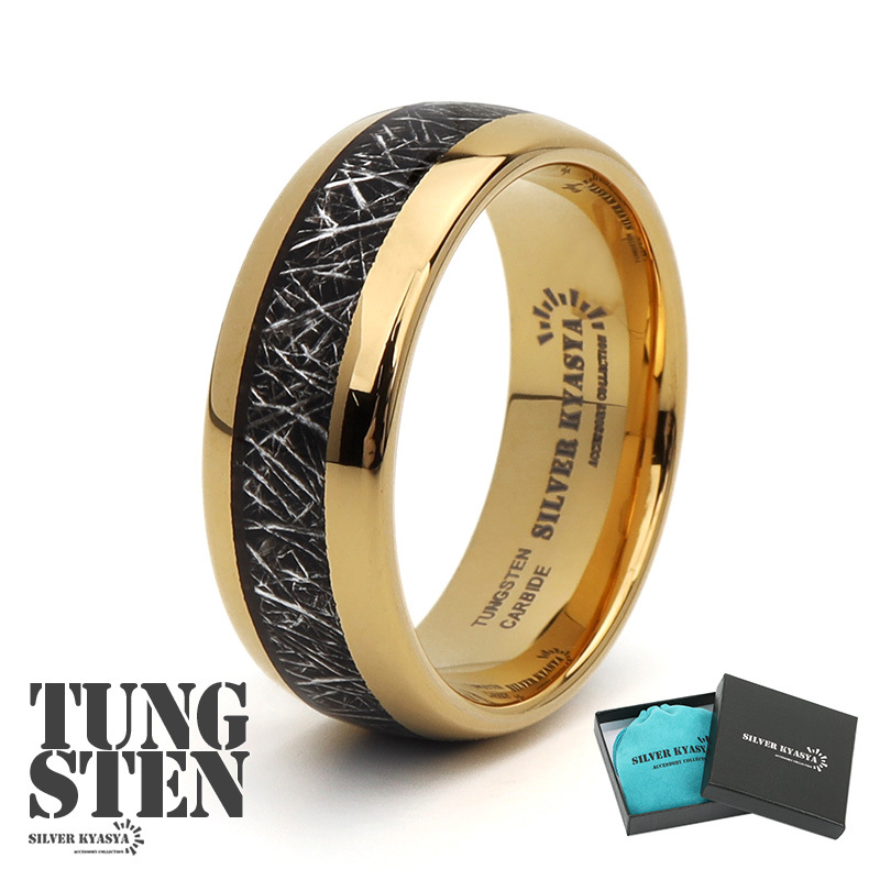 (12号) タングステン リング メンズ 指輪 ゴールド 18K IP ブラック ダメージ お洒落 つけっぱなしOK 専用BOX拍卖