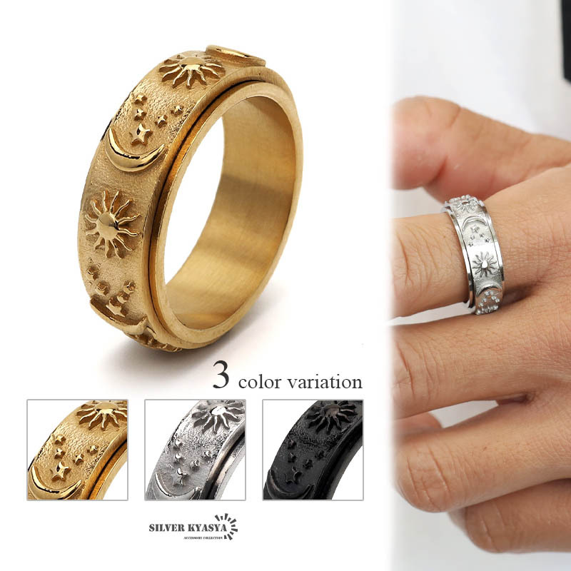 (ブラック、17号) ボヘミアンリング ステンレス ギミックリング ゴールド シルバー ブラック 浮き彫り 太陽 つけっぱなしOK拍卖