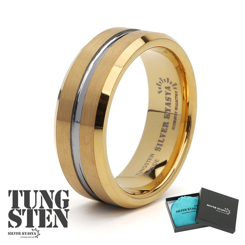(24号) タングステン リング メンズ 指輪 ゴールド 18K IP シルバー ライン つけっぱなしOK 専用BOX オリジナル拍卖