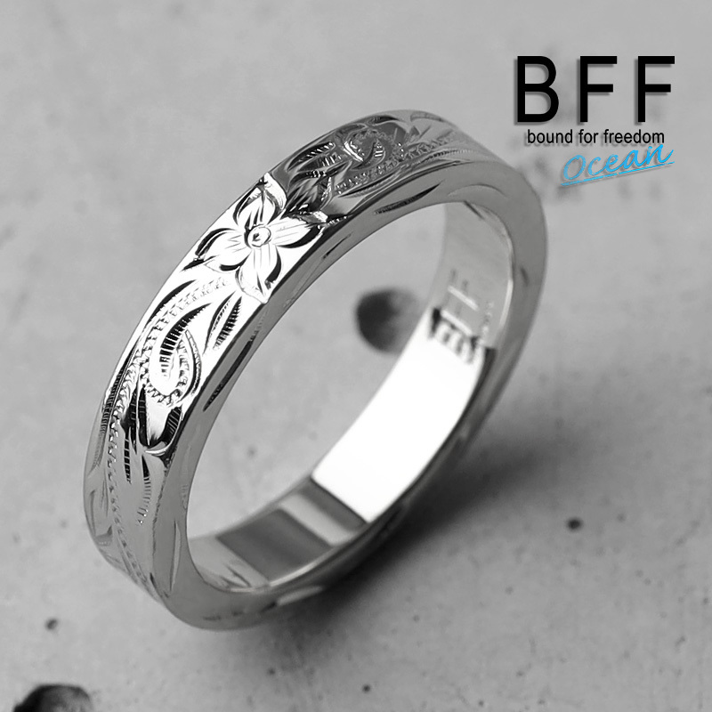 (23号) BFF ブランド プルメリア 幅4mm 平打リング シルバー 銀色 マイレ ペア 手彫り 専用BOX付属拍卖