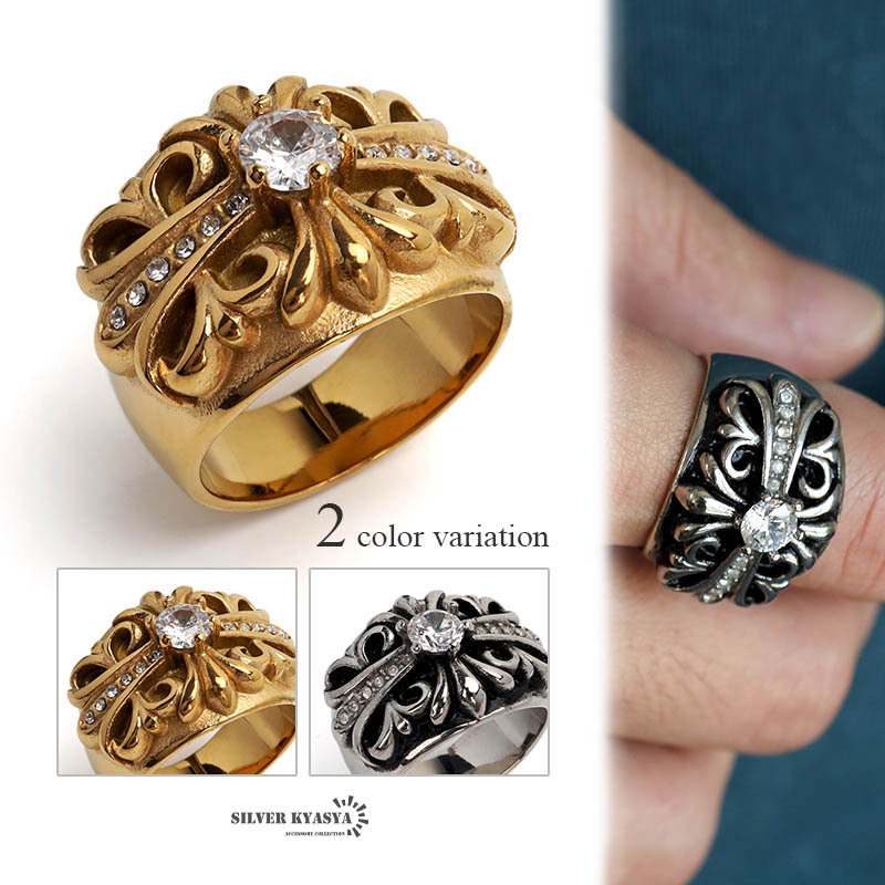 (シルバー、22号) ステンレス製 フローラルリング ゴールド シルバー 18kgp 金 クロスリング 指輪 ごつい ワイドリング拍卖