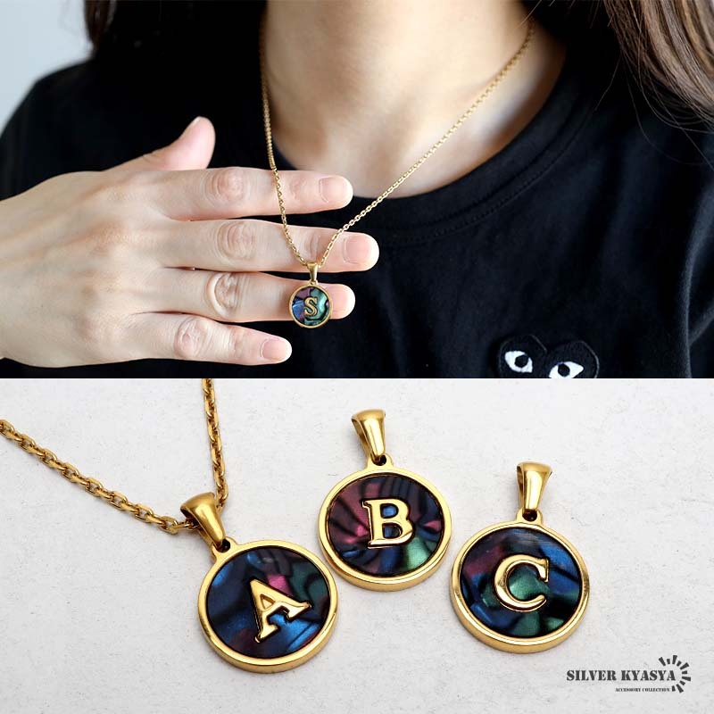 (F、50cm) イニシャルネックレス ゴールド オーロラ ラウンド ステンレス 18KGP あずきチェーン 金属アレルギー対応拍卖