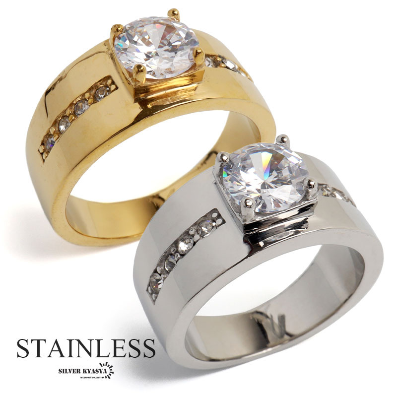 (ゴールド、14号) ステンレス ストーンリング 一粒リング 18K GP gold パヴェ 金属アレルギー対応拍卖