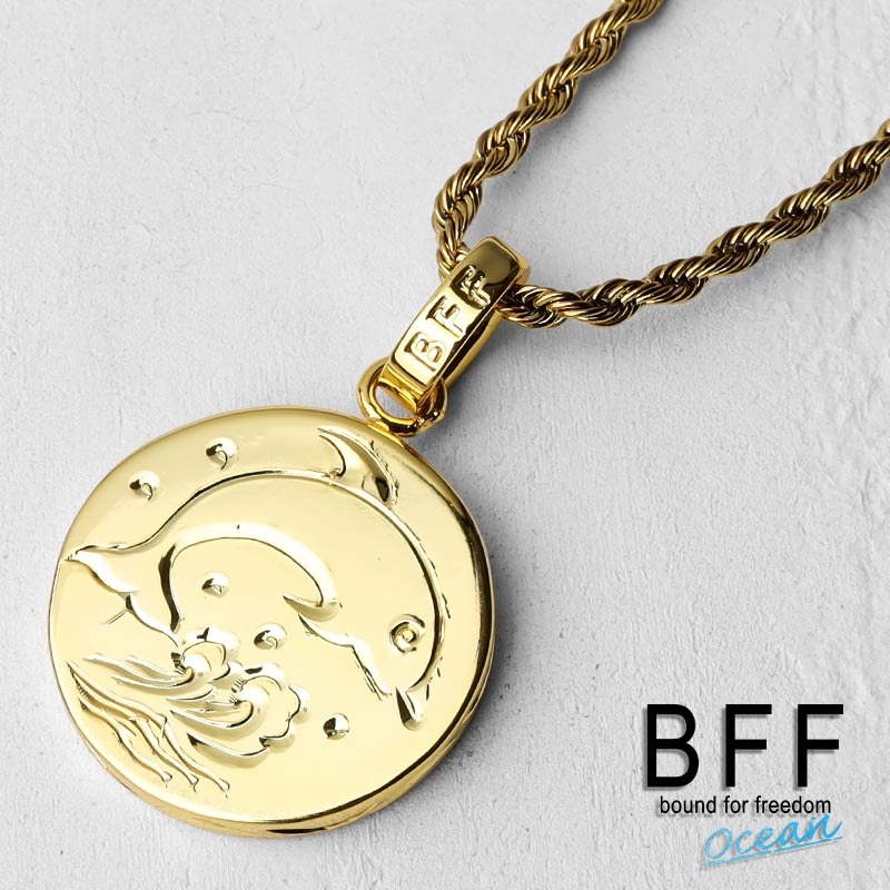 (60cm) BFF ブランド コインネックレス ゴールド 18金 K18 GP 金色 イルカ ペア 手彫り 専用BOX付属拍卖