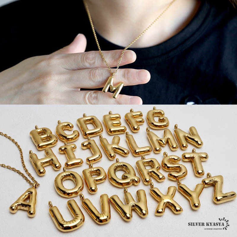 (M、45cm) イニシャルネックレス バルーン ゴールド ステンレス 18KGP あずきチェーン ぷっくり 金属アレルギー対応拍卖