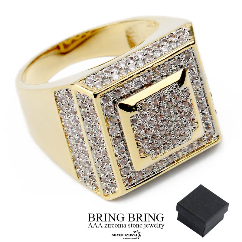 (23号) 印台リング CZ 爪留め 18K GP ゴールド スクエア メンズ 専用BOX拍卖