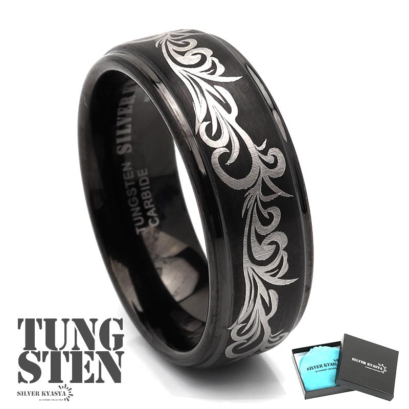 (26号) 超硬 タングステン リング 指輪 ブラック 黒 マット 艶消し 唐草 アラベスク リング 専用BOX付属拍卖