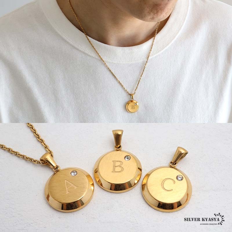 (D、45cm) イニシャルネックレス ゴールド 艶消し ラウンド ステンレス 18KGP あずきチェーン 金属アレルギー対応拍卖
