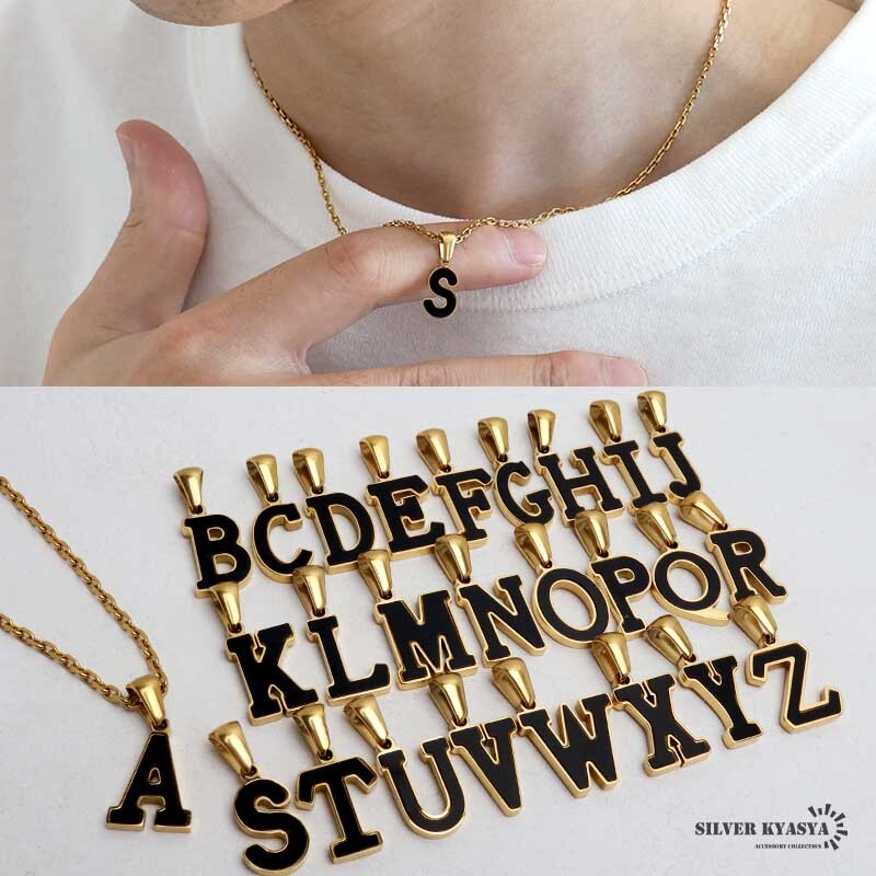 (L、45cm) イニシャルネックレス ゴールド ブラック シルエット ステンレス 18KGP あずきチェーン 金属アレルギー対応拍卖