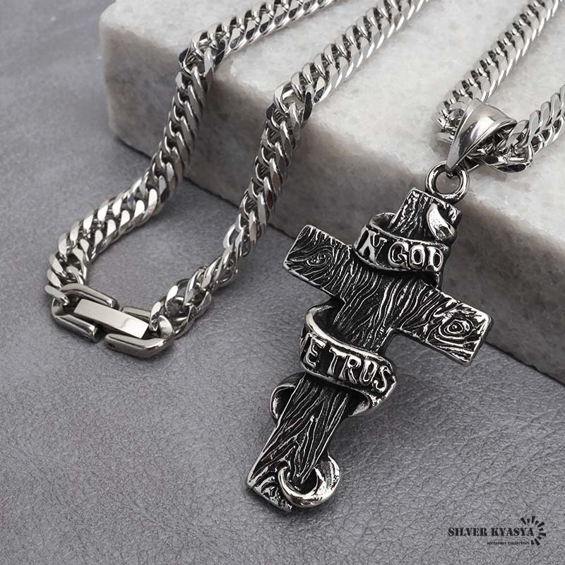 (60cm) ステンレス クロスネックレス シルバー ダブル喜平チェーンネックレス 幅6mm 神 縞模様 十字架拍卖