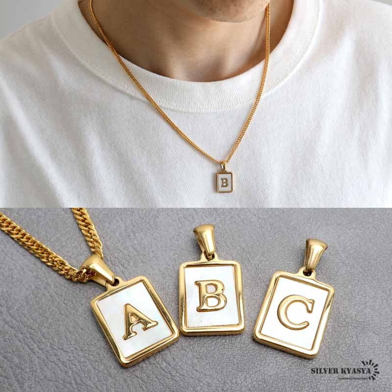 (Z、50cm) イニシャルネックレス ゴールド ホワイト スクエア ステンレス 18KGP ダブル喜平 金属アレルギー対応拍卖