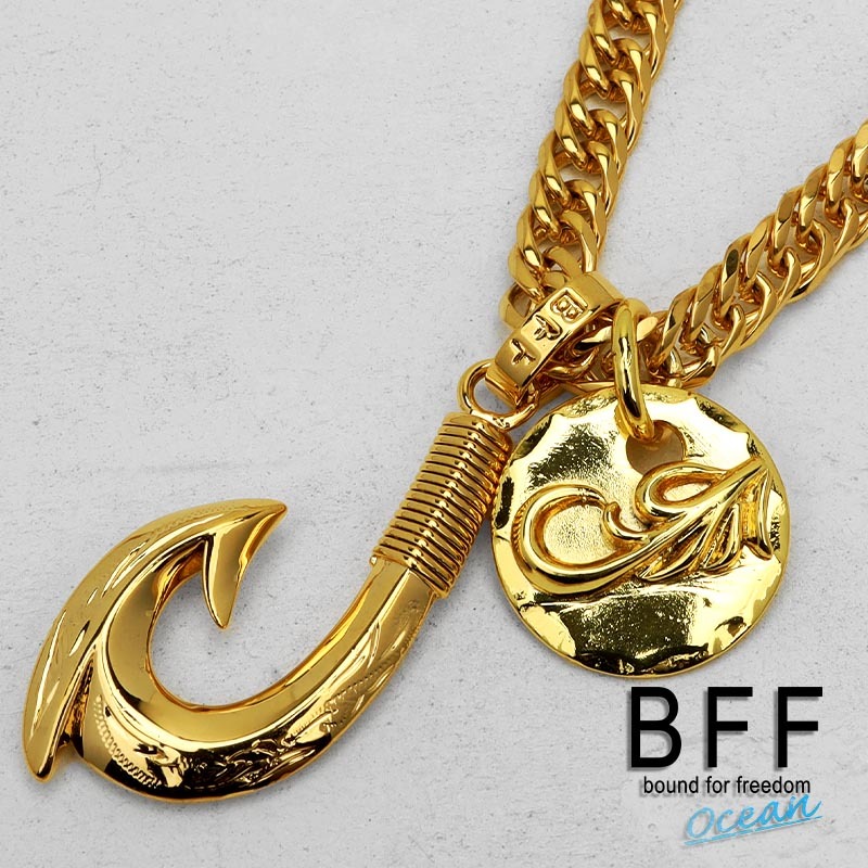 BFF ブランド フィッシュフックネックレス ダブル喜平 6面カット 釣り針 ステンレス 18K GP ゴールド 金色 専用BOX拍卖