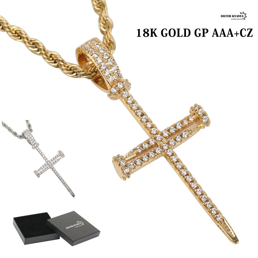 (ゴールド) キラキラ クロスネックレス 18k gp くぎ 釘 十字架ジュエリー ネックレス ゴールド 専用BOX付属拍卖