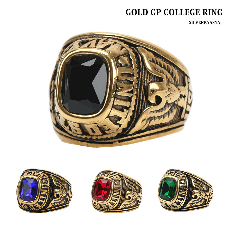 (ブルー、24号) ステンレス ゴールド カレッジリング 指輪 大粒 ストーン ブラック レッド ブルー グリーン拍卖