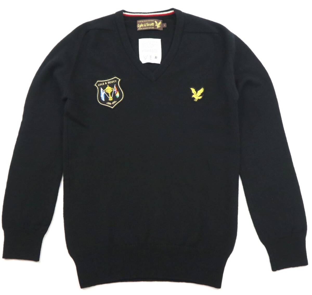 美品★スコットランド製★Lyle&Scott ライル&スコット ピッグスキン レザーエルボーパッチ付き Vネックニットセーター/ブラック/Sサイズ拍卖