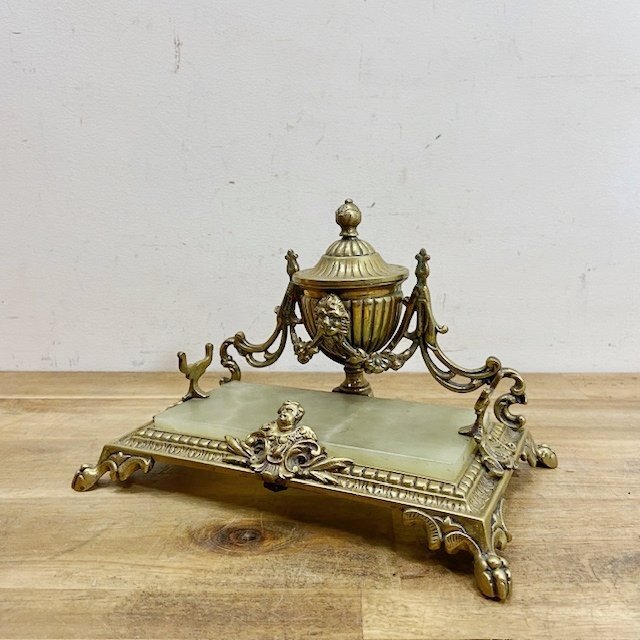 フランス ヴィンテージ 1900’s アンティーク ブロンズ インクポット ペンホルダー デスクスタンド レタースタンド インテリア【B1859】拍卖