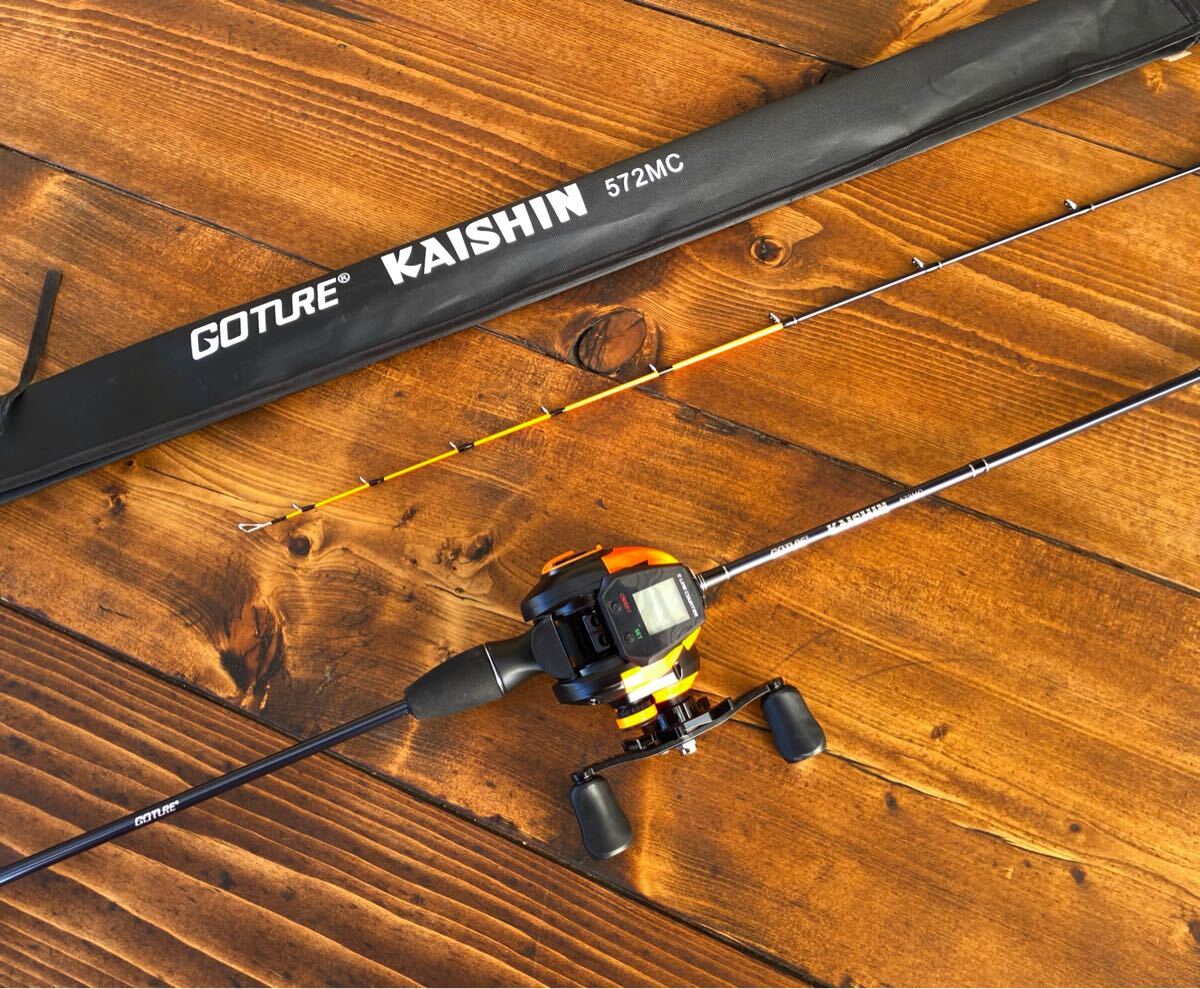 ジギング イカメタル デジタルカウンター付きリール 釣り竿セット オレンジ タイラバ 太刀魚拍卖