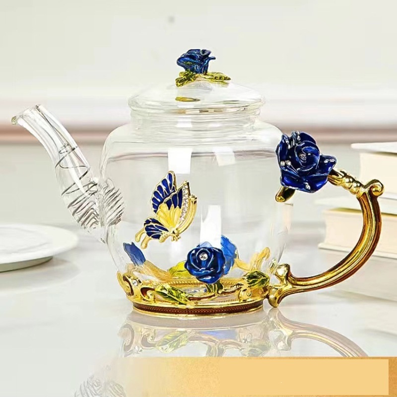新作ガラスティーポット ヨーロピアン アンティーク ヨーロッパ フラワー 3D やかん コーヒー お茶 拍卖