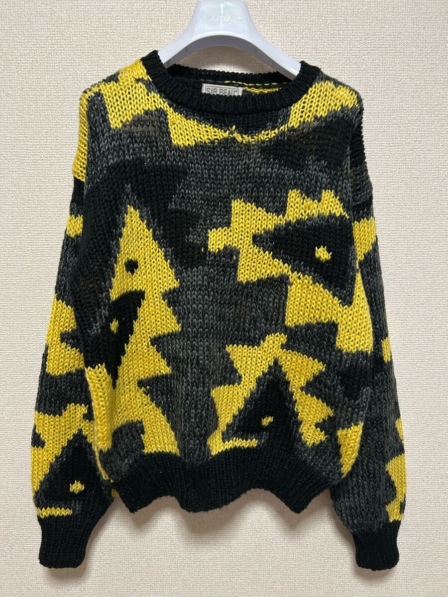 90's USAヴィンテージ ニット セーター 総柄 アクリル ニットセーター SIR BEAU M 黒×黄色 Black yellow マーブルニット 拍卖