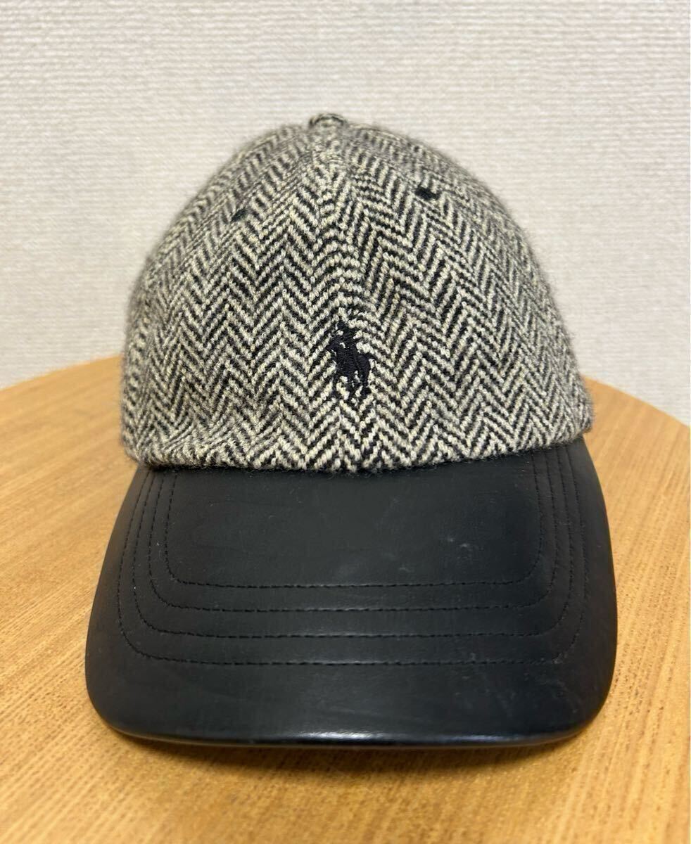 90's Polo by Ralph Lauren ポロラルフローン レザー ツイードキャップ ヘリンボーン ウールキャップ 黒系 USAヴィンテージ Vintage拍卖