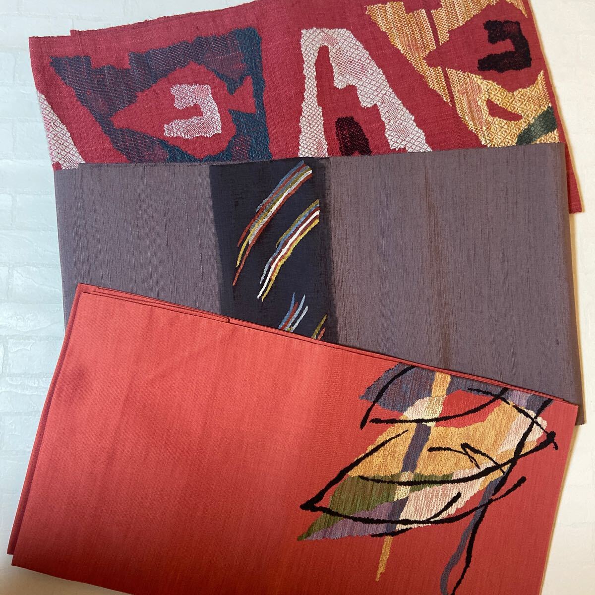 A 八寸名古屋帯3枚纏めて 赤茶色 渋い紫色 煉瓦色 和装 和服 和物 着物 リメイク 紬 お召し ウール 帯拍卖