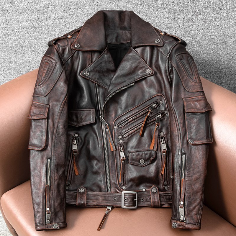希少新品!牛革 レトロ ヴィンテージ カウハイド 革ジャン 本革 メンズファッション シングルライダース レザージャケット S~6XL拍卖