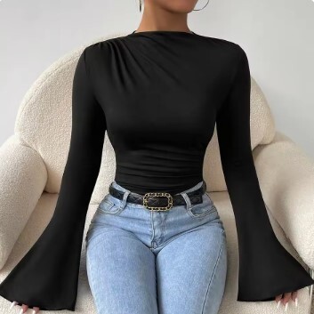 女性用長袖ラウンドネックジャンプスーツ,カジュアルジャンプスーツ,単色ボディスーツ,韓国スタイル 色:ブラック サイズ:2XL拍卖