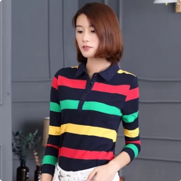 レディースストライプポロシャツ,スリムフィットポロシャツ,長袖,カジュアル,秋冬 サイズ: L拍卖