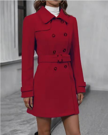 【Red M(JP-XL)】Mia-女性用長袖Vネックコート、プレーンボタン装飾、スキニーフィット、秋、冬、ビジネス拍卖