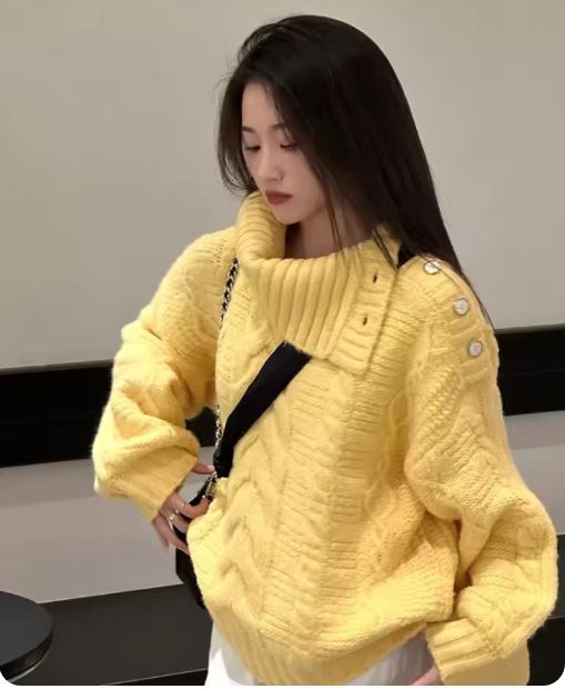 【XLサイズ(日本サイズ)】女性のための厚くて暖かい黄色のセーター,ボタン付,韓国のファッション,シンプルで柔らかいプルオーバー,秋,冬拍卖