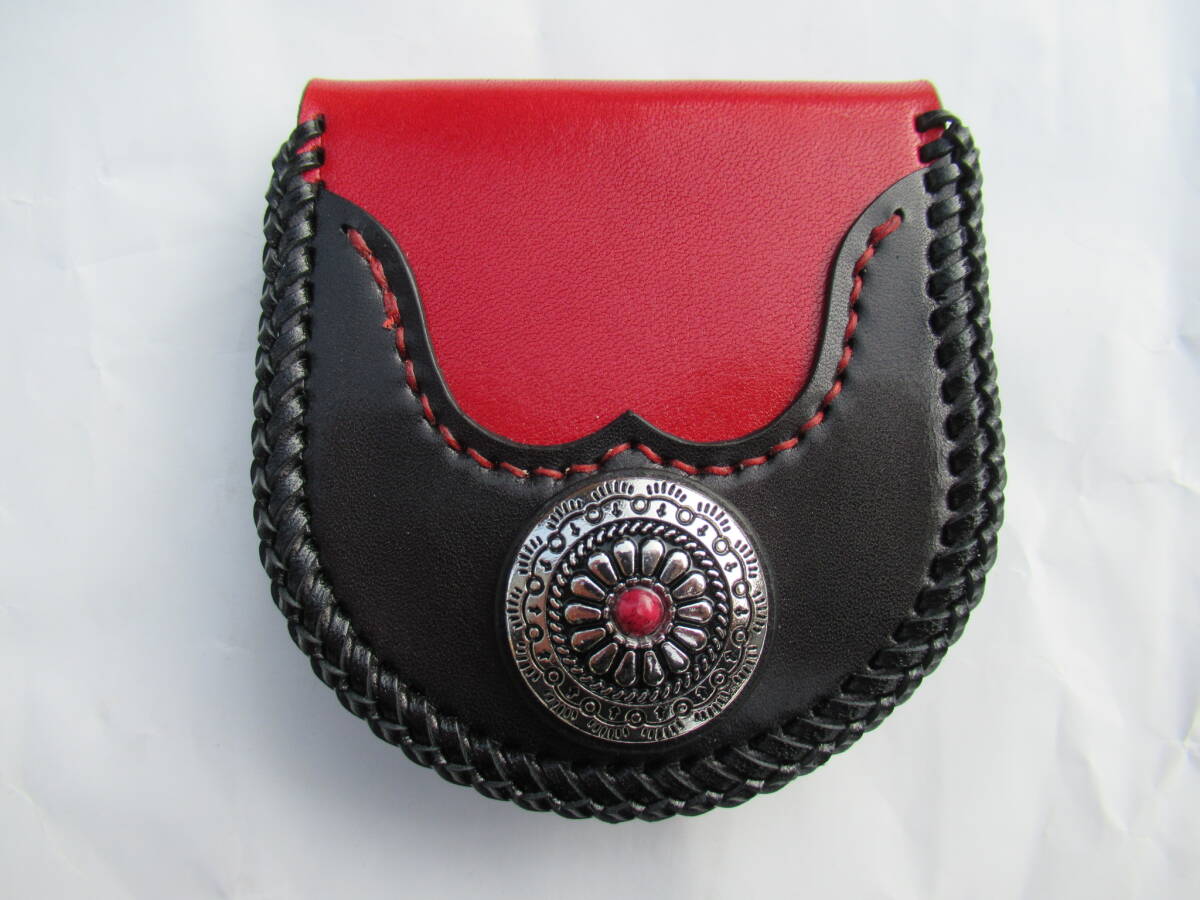 NEW オールハンドメイド 栃木レザー製サドルレザー 黒&赤 コインケース ハーレー アメリカン バイク拍卖