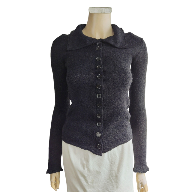 美品★アンシャトマン*ENCHANTEMENT*黒*伸びやかストレッチ*モヘア混*透け感長袖ニット*カーディガン*40.Lサイズ.11号拍卖