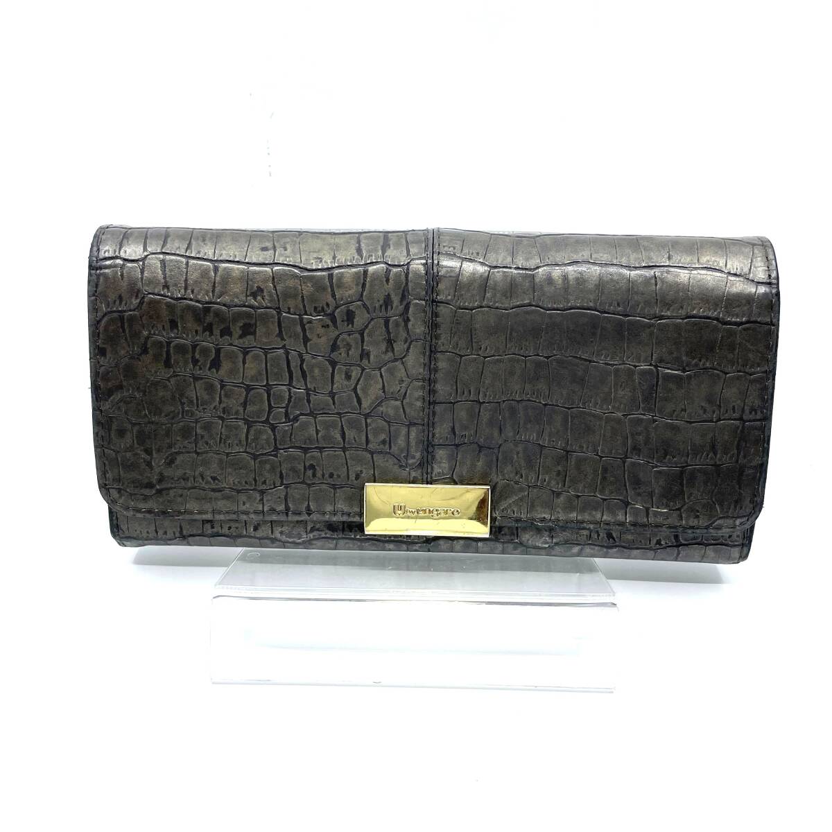 U by ungaro ユーバイ ウンガロ 二つ折り 長財布 グレー系 ゴールド金具 クロコ型押し カードポケット30 大容量 収納 レディース拍卖