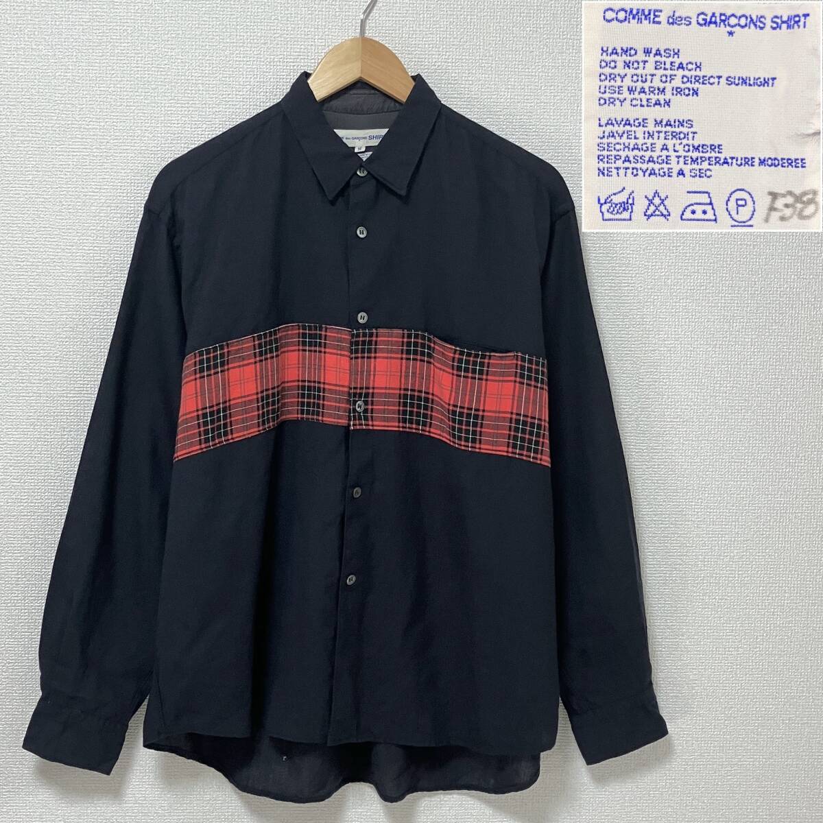 80s 刺繍タグ COMME des GARCONS SHIRT ウール チェック 切替 長袖 シャツ オーバーサイズ コムデギャルソン VINTAGE archive 3020307拍卖