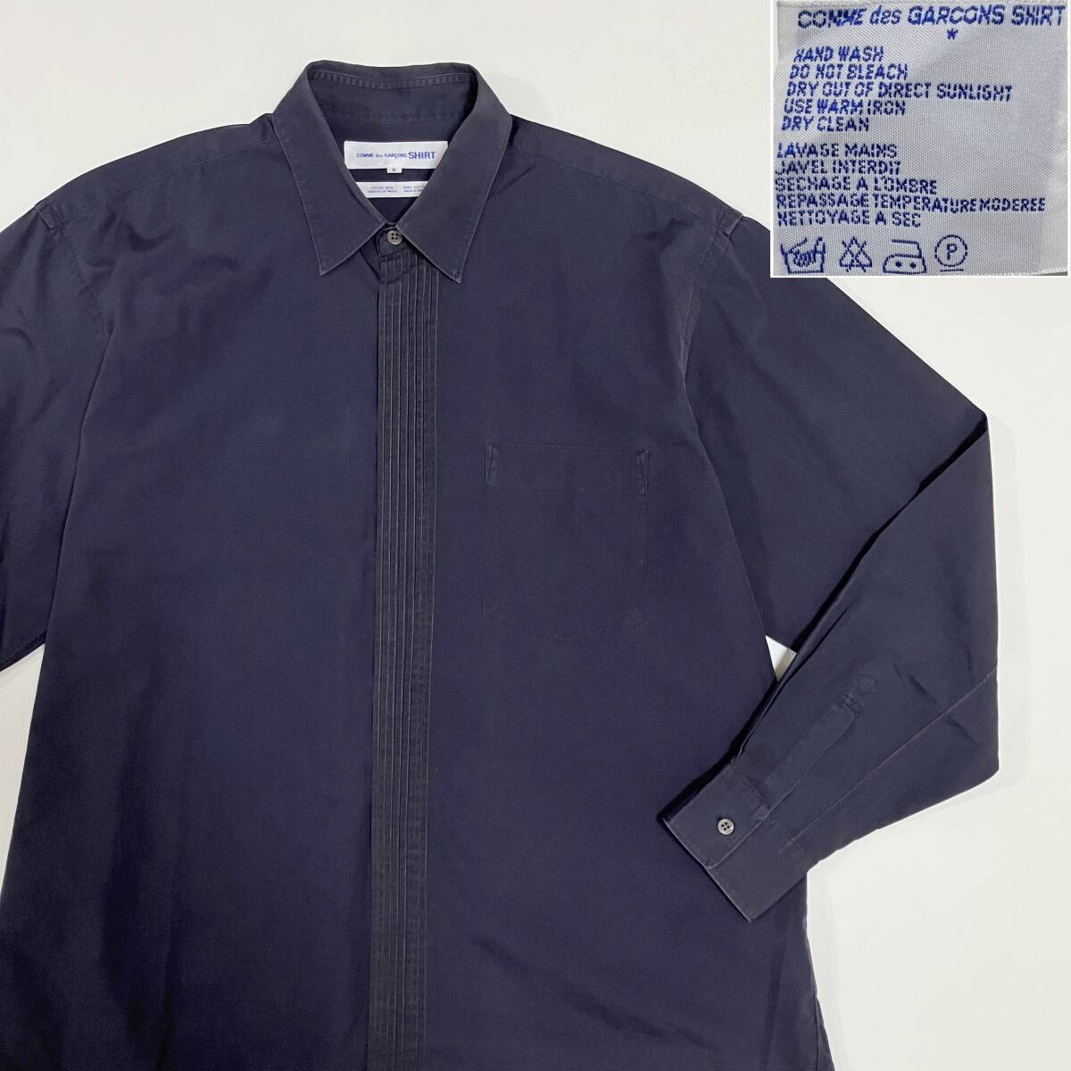 80s 刺繍タグ COMME des GARCONS SHIRT オレンジ ステッチ 比翼 長袖 シャツ 紺 Sサイズ コムデギャルソンシャツ VINTAGE archive 4120445拍卖