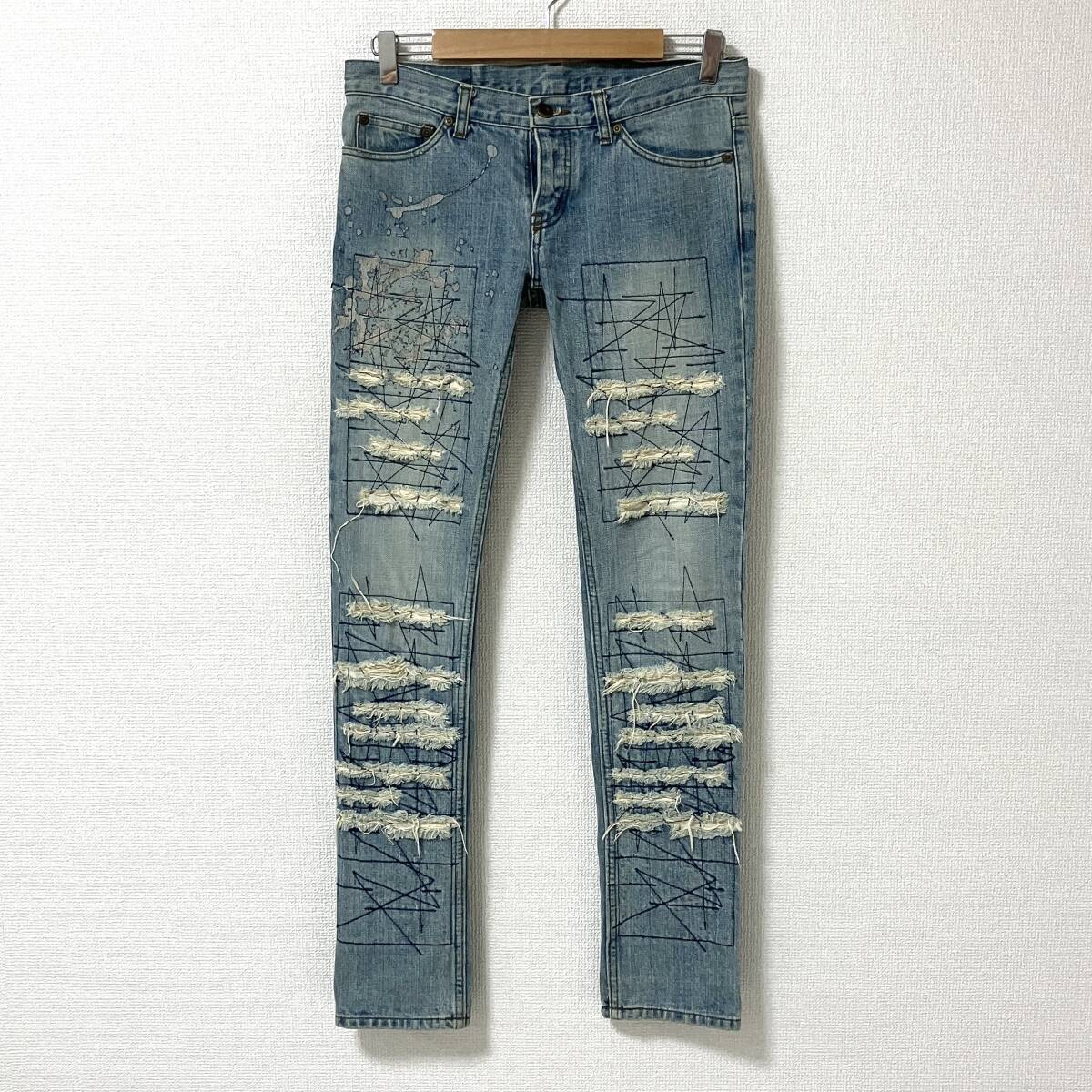 90s 00s HYSTERIC GLAMOUR クラッシュ ダメージ加工 スキニー デニムパンツ Sサイズ ヒステリックグラマー Y2K VINTAGE archive 4120317拍卖