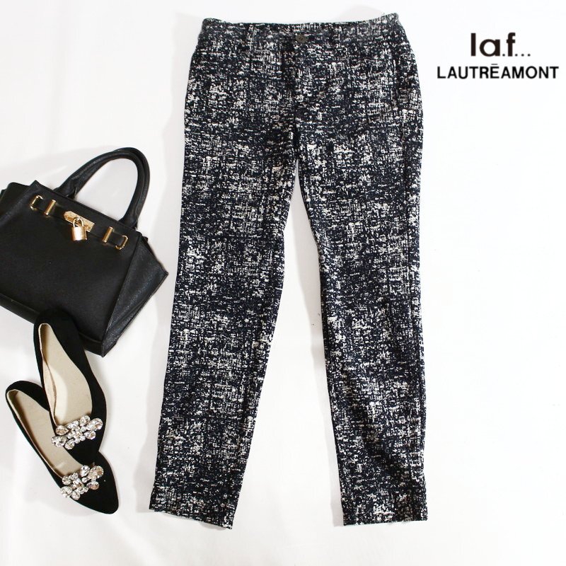 美品 laf... ロートレアモン LAUTREAMONT 合物 綺麗め ミセス ナイロン ストレッチ 柄 テーパードパンツ 1S ブラック 黒 ホワイト 白拍卖