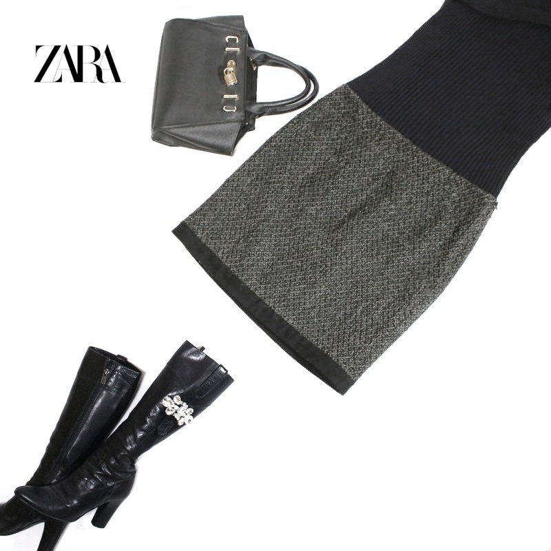 美品 厚手 ZARA BASIC ザラ ベーシック 秋 冬 艶 ニット 単色ツイード 2色切替 タイトスカート S ダークグレー ブラック 黒拍卖
