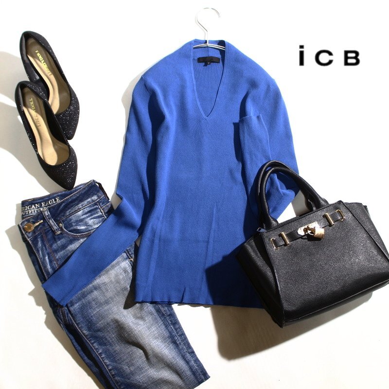 美品 ICB アイシービー 株) オンワード樫山 春 合物 レーヨン きれい色 デザイン Vネック タイト リブニットカットソー S ブルー 青拍卖