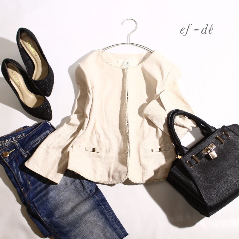 美品 エフデ ef-de 株) フランドル 春 夏 上品 ノーカラージャケット 7号 ベージュ ピンク フォーマル 入学式 入園 綺麗め ミセス 可愛い拍卖