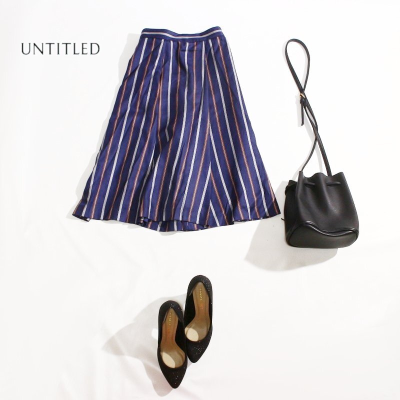 美品 アンタイトル UNTITLED 株) ワールド ほんのり艶 ポリエステル ストライプ柄 飾り生地 スカートチョ ワイドパンツ 3 ネイビー 紺 11号拍卖
