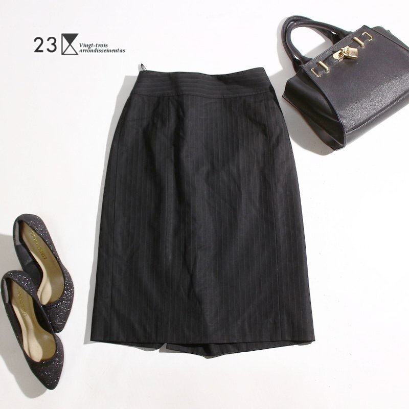 美品 23区 ヨーロッパ素材 春 夏 上質 サマーウール ストライプ スーツ タイトスカート 9号 38 黒 ブラック ビジネス 通勤 オフィス拍卖