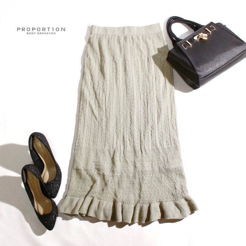 美品 プロポーションボディドレッシング PROPORTION BODY DRESSING 春 夏 タイト ニット レーススカート S グレー ベージュ 通勤 綺麗め拍卖
