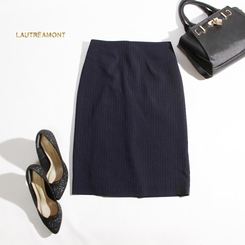美品 ロートレアモン LAUTREAMONT 春 夏 ストライプ スーツ タイトスカート 7号 36 ネイビー 紺 日本製 ビジネス スカート 通勤 オフィス拍卖