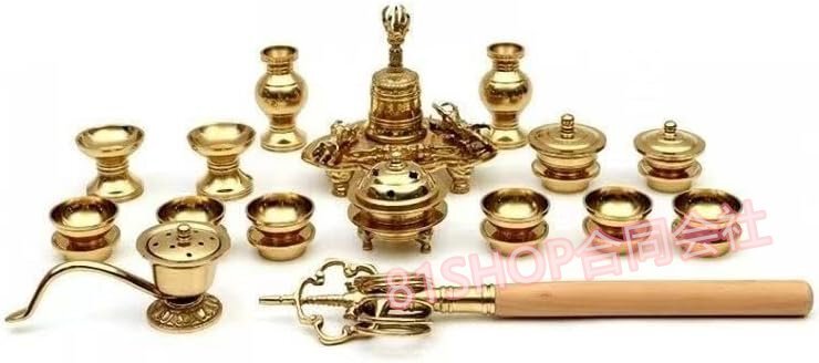 「81SHOP」【密教法具 寺院用仏具】金剛鈴 金剛盤 五鈷杵 三鈷杵 独鈷杵 火舎香炉 一面器 六器一組 華瓶一対 20点セット 真鍮拍卖